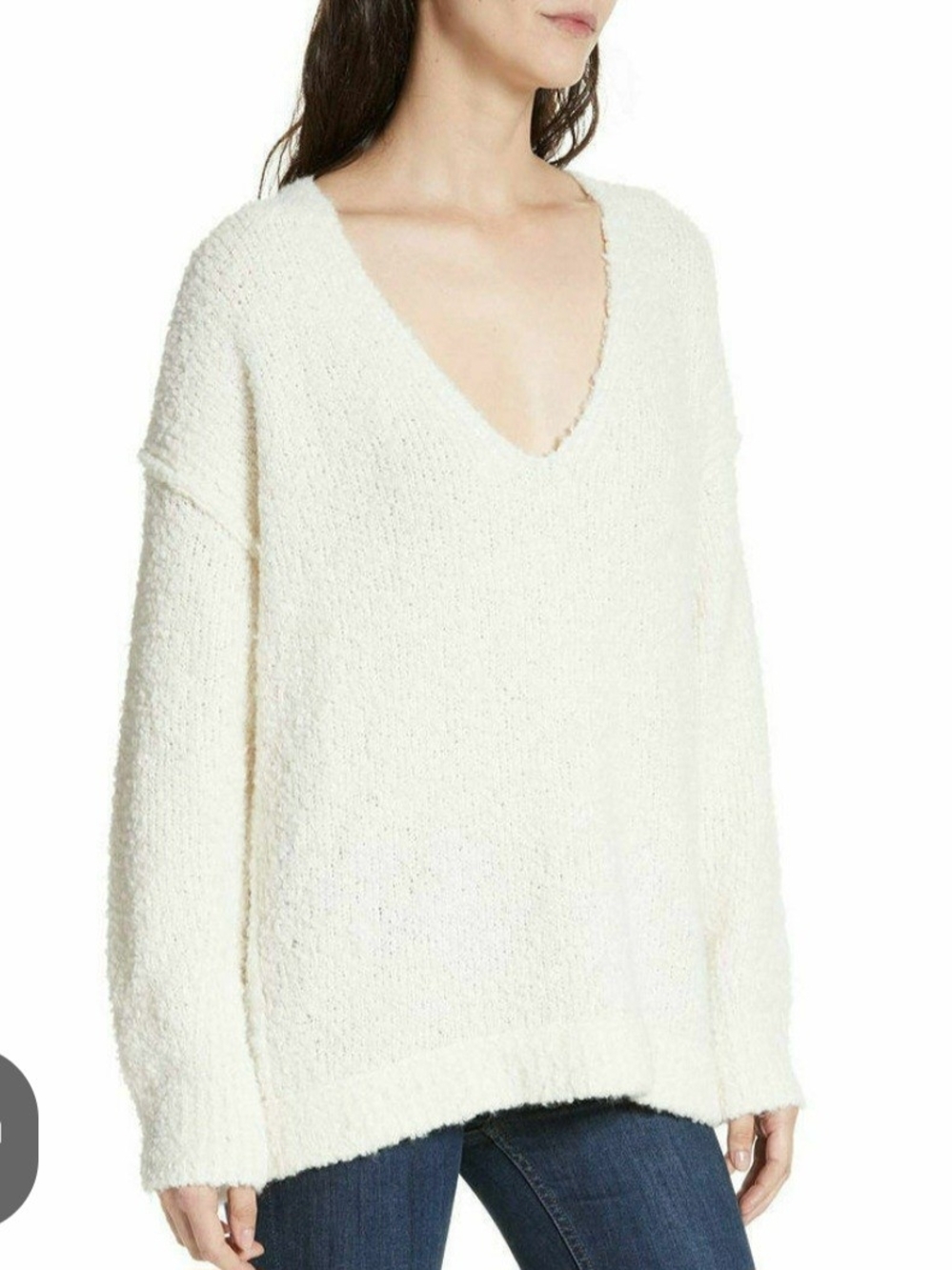 O Free People Alpaca Blend Oversized Cream V-Neck Textured Knit Sweater Medium